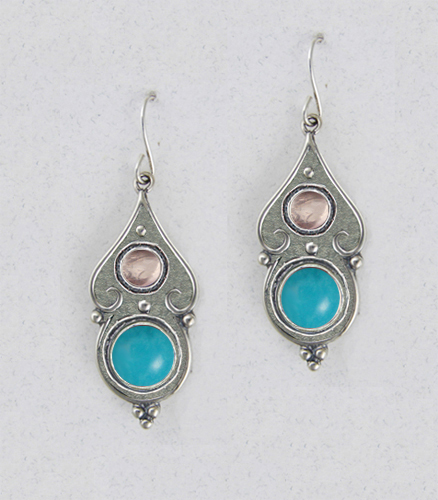 Sterling Silver Gothic Look With Turquoise And Rose Quartz Gemstone Drop Dangle Earrings
